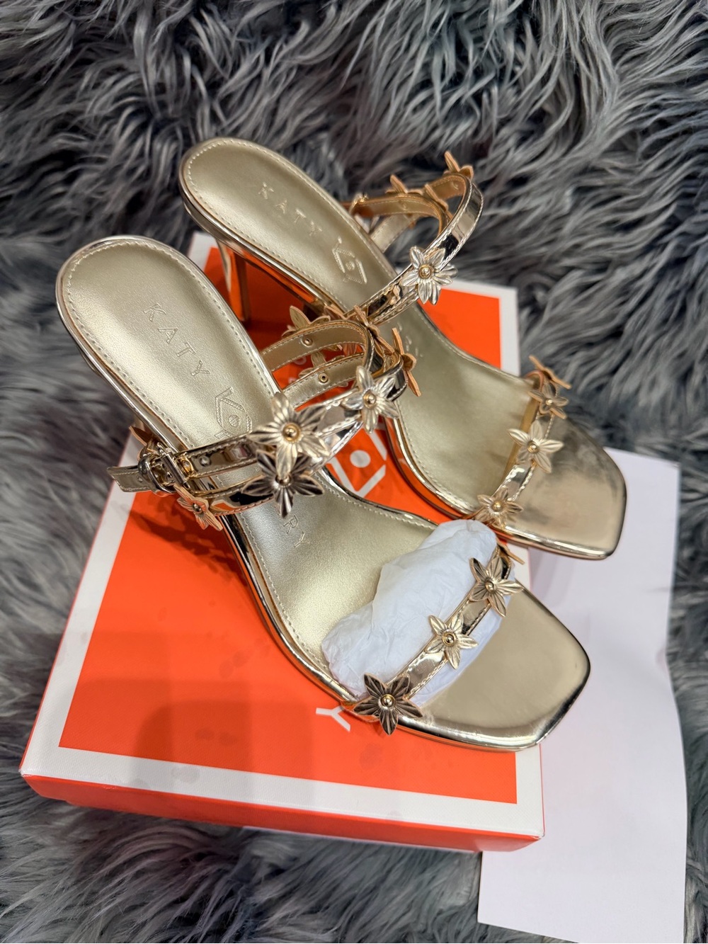 Katy Perry Collections Gold Floral Strap Block Heel Sandals